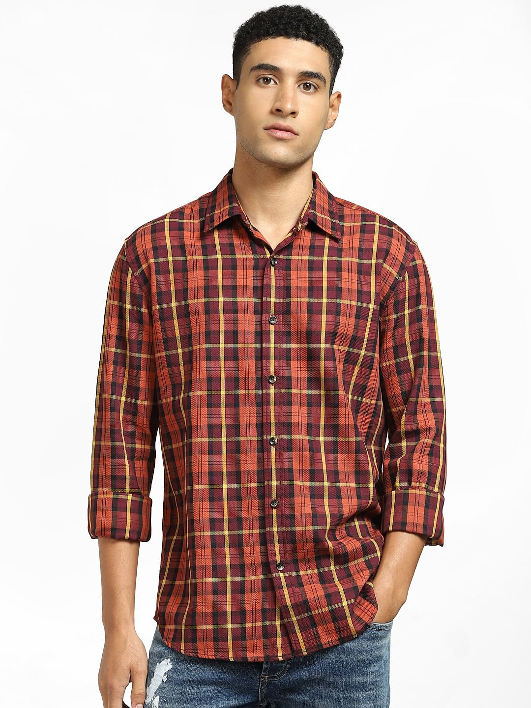 Orange Check Full Sleeves Shirt