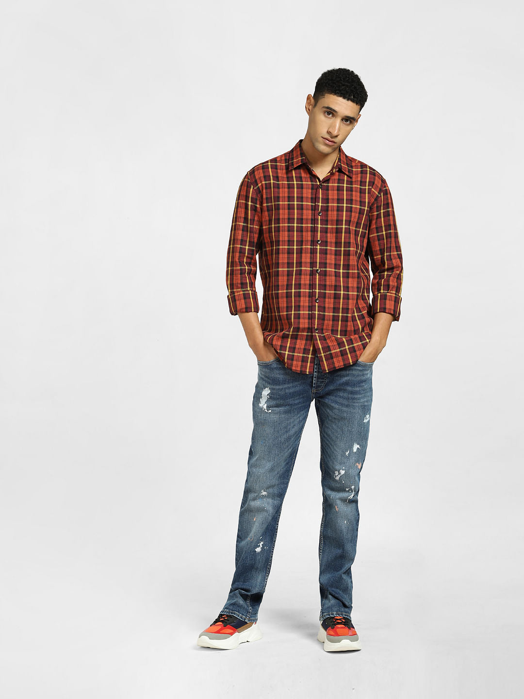 Orange Check Full Sleeves Shirt