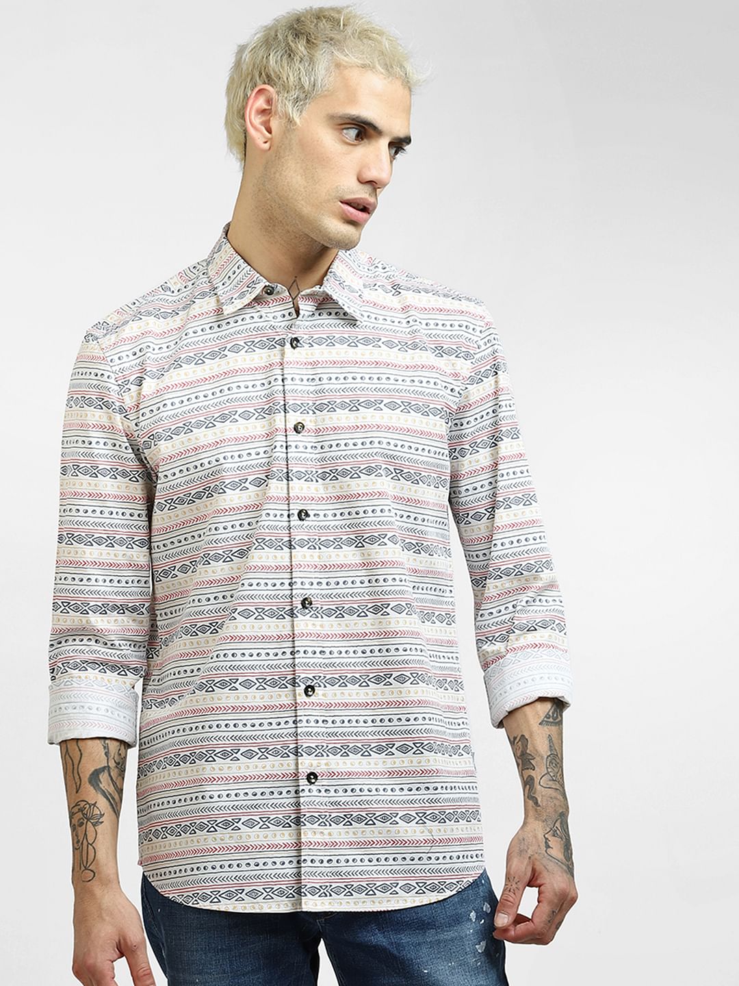 White Printed Full Sleeves Shirt