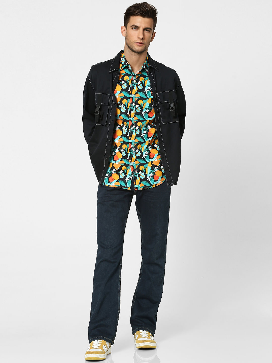 Black Printed Half Sleeves Shirt - S