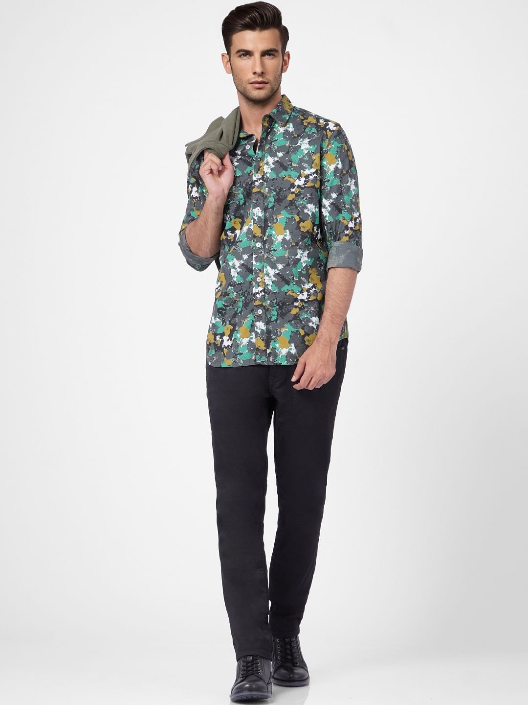 Grey Abstract Print Full Sleeves Shirt - S
