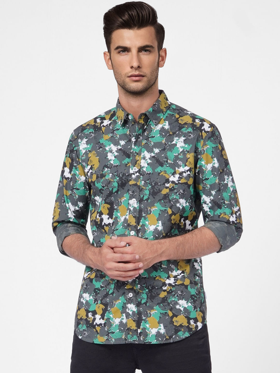 Grey Abstract Print Full Sleeves Shirt