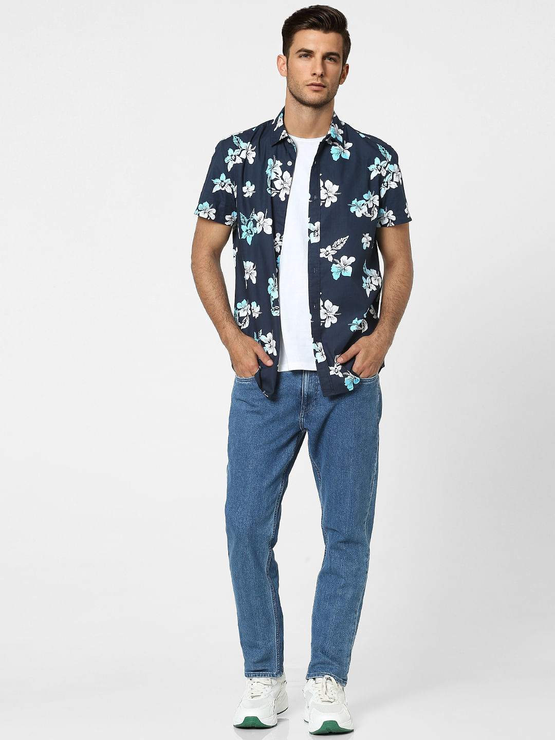 Blue Floral Half Sleeves Shirt - S