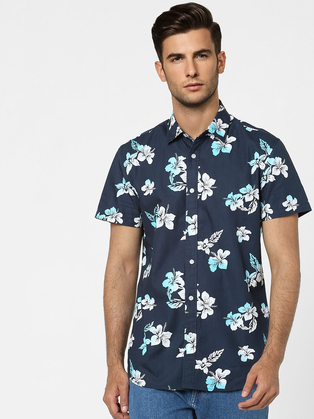 Blue Floral Half Sleeves Shirt