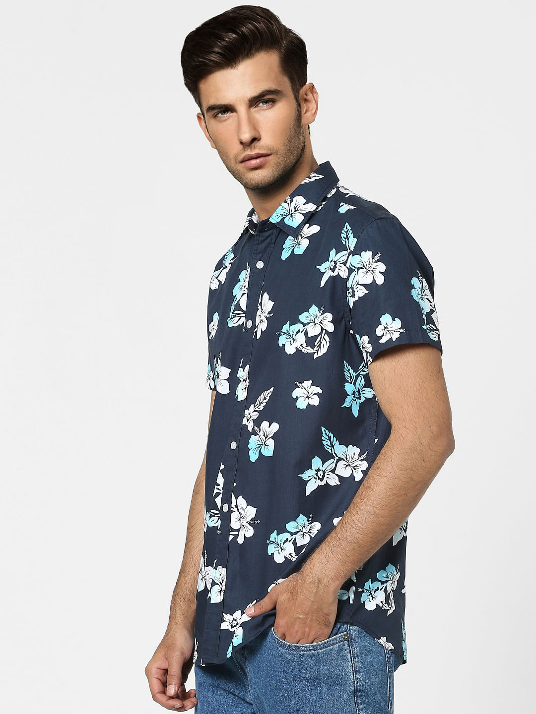 Blue Floral Half Sleeves Shirt