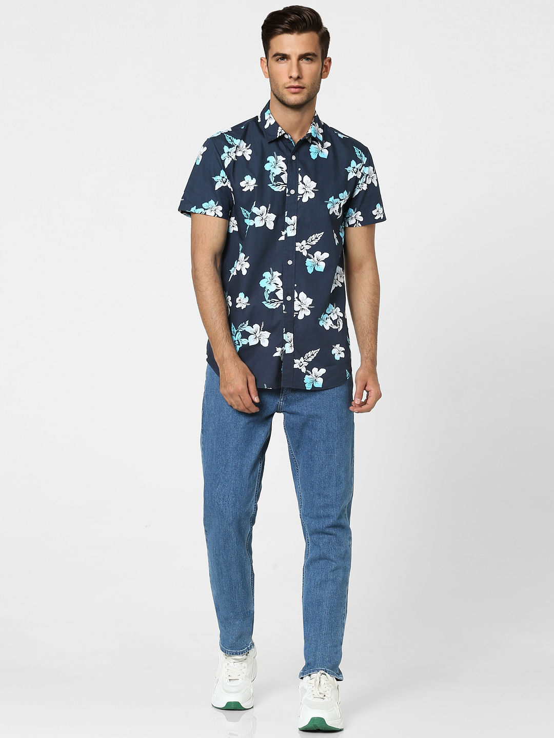 Blue Floral Half Sleeves Shirt