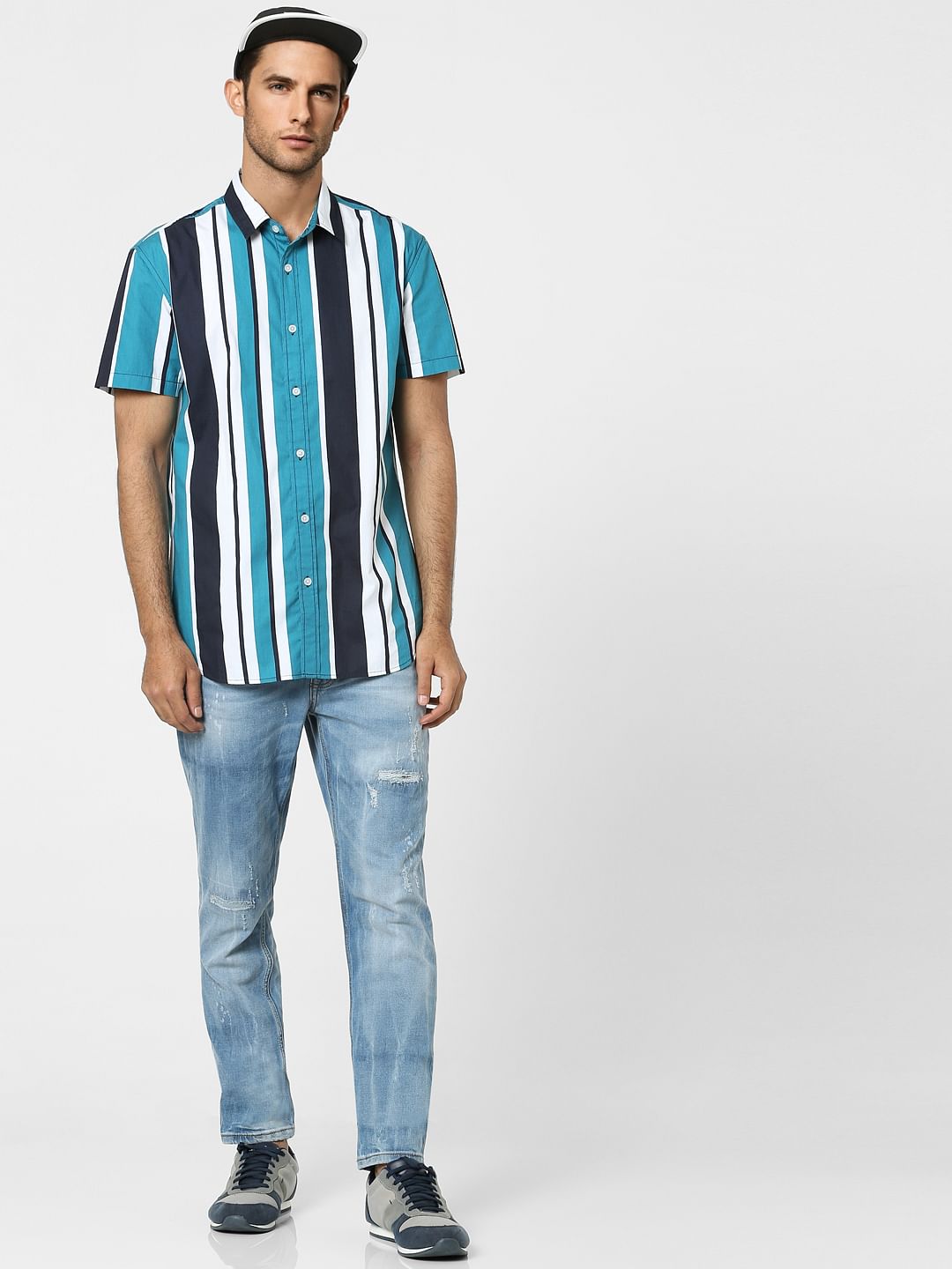 Orange Striped Half Sleeves Shirt - S