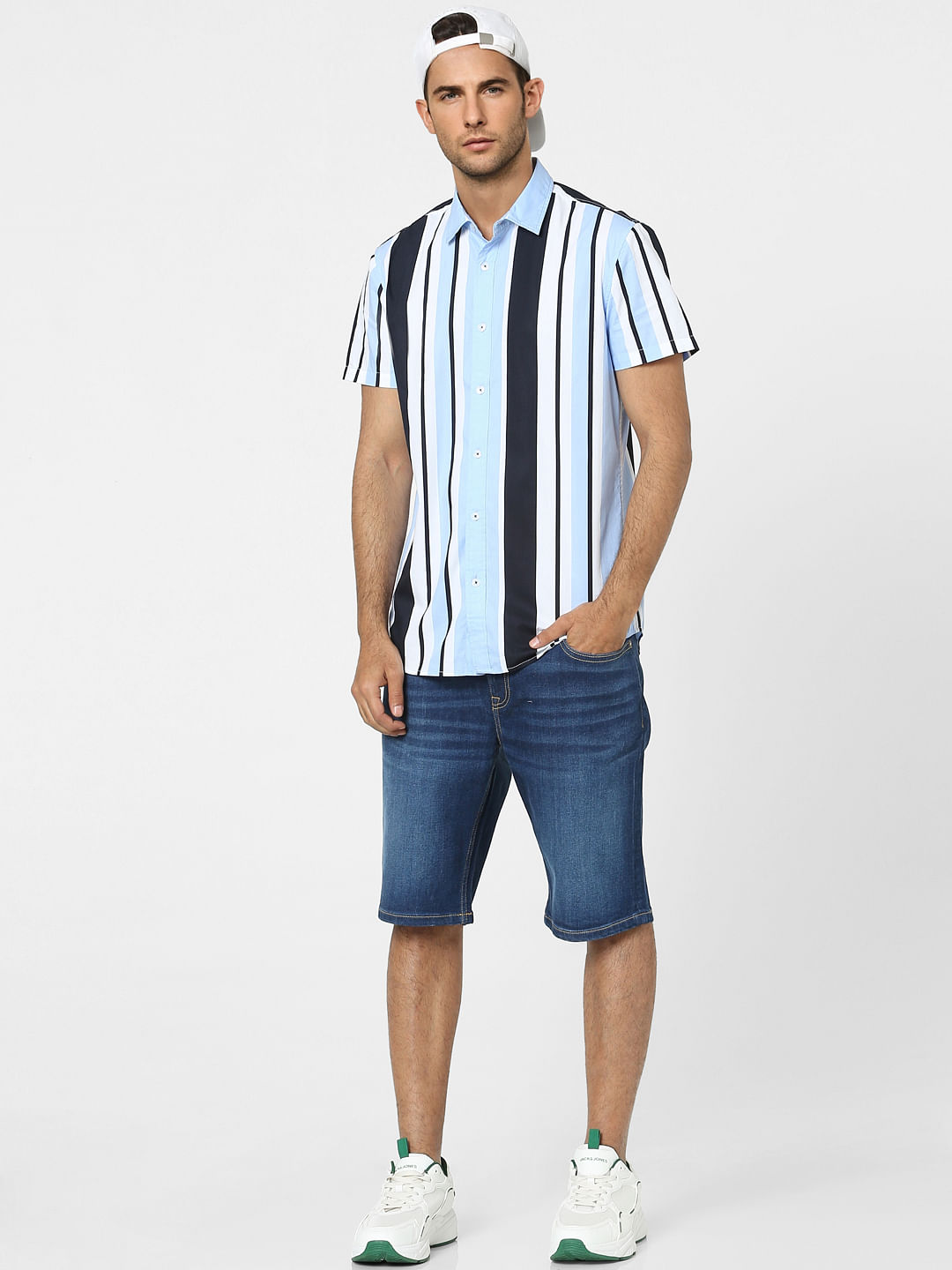 Light Blue Striped Half Sleeves Shirt - S
