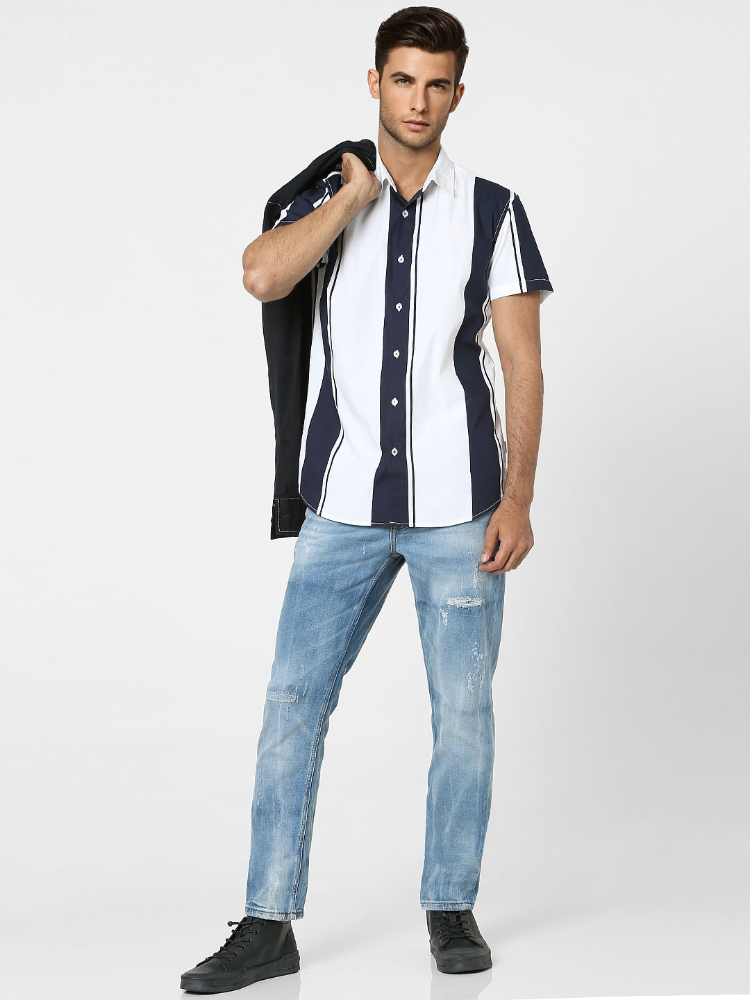 Blue Striped Half Sleeves Shirt - M
