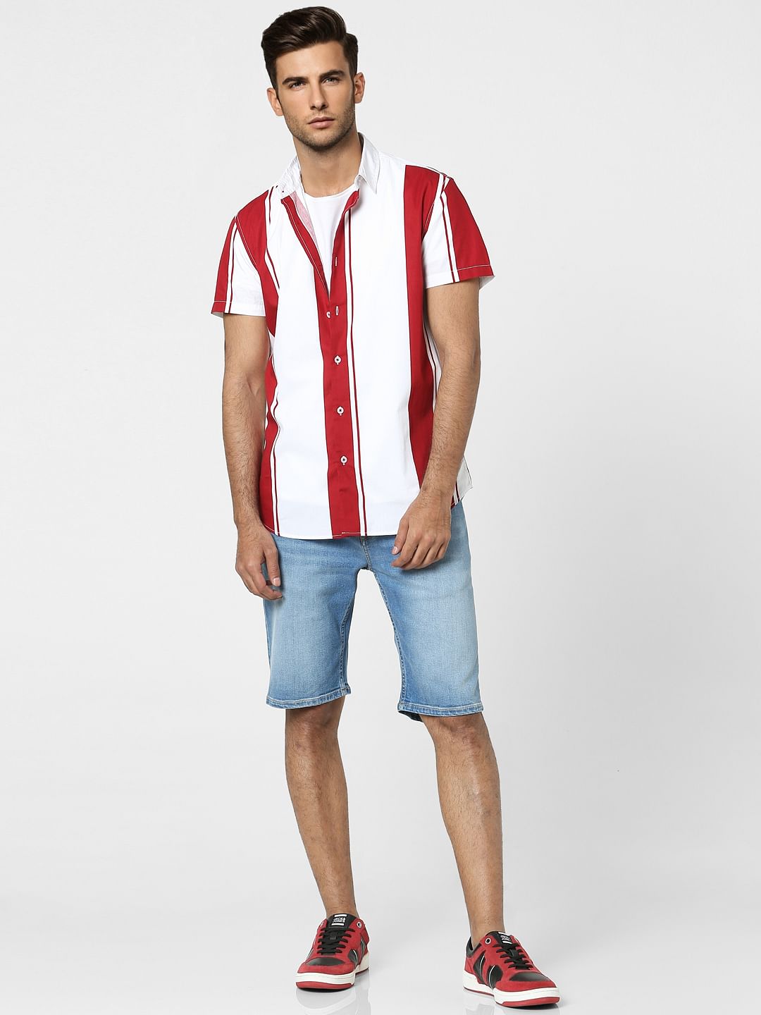 Red Striped Half Sleeves Shirt - S