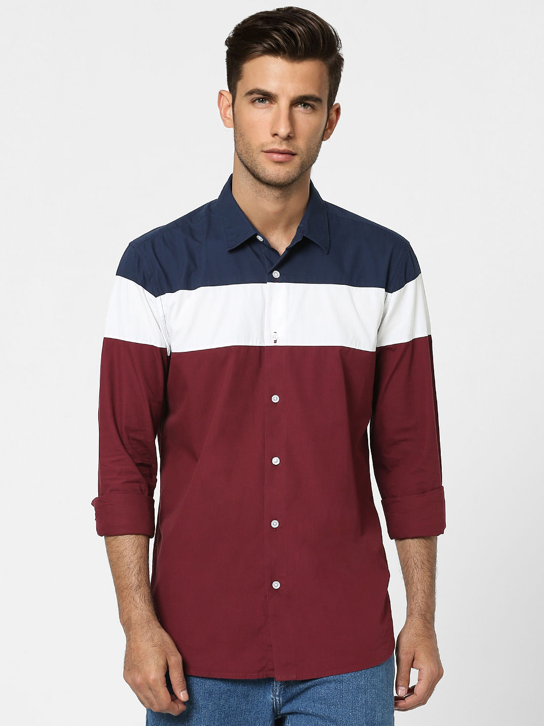 Maroon Colourblocked Full Sleeves Shirt