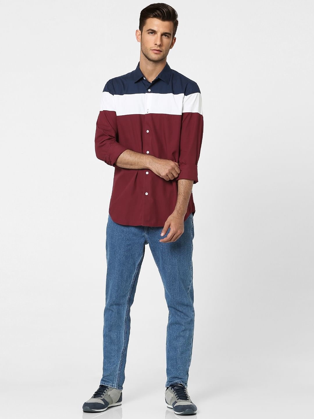 Maroon Colourblocked Full Sleeves Shirt