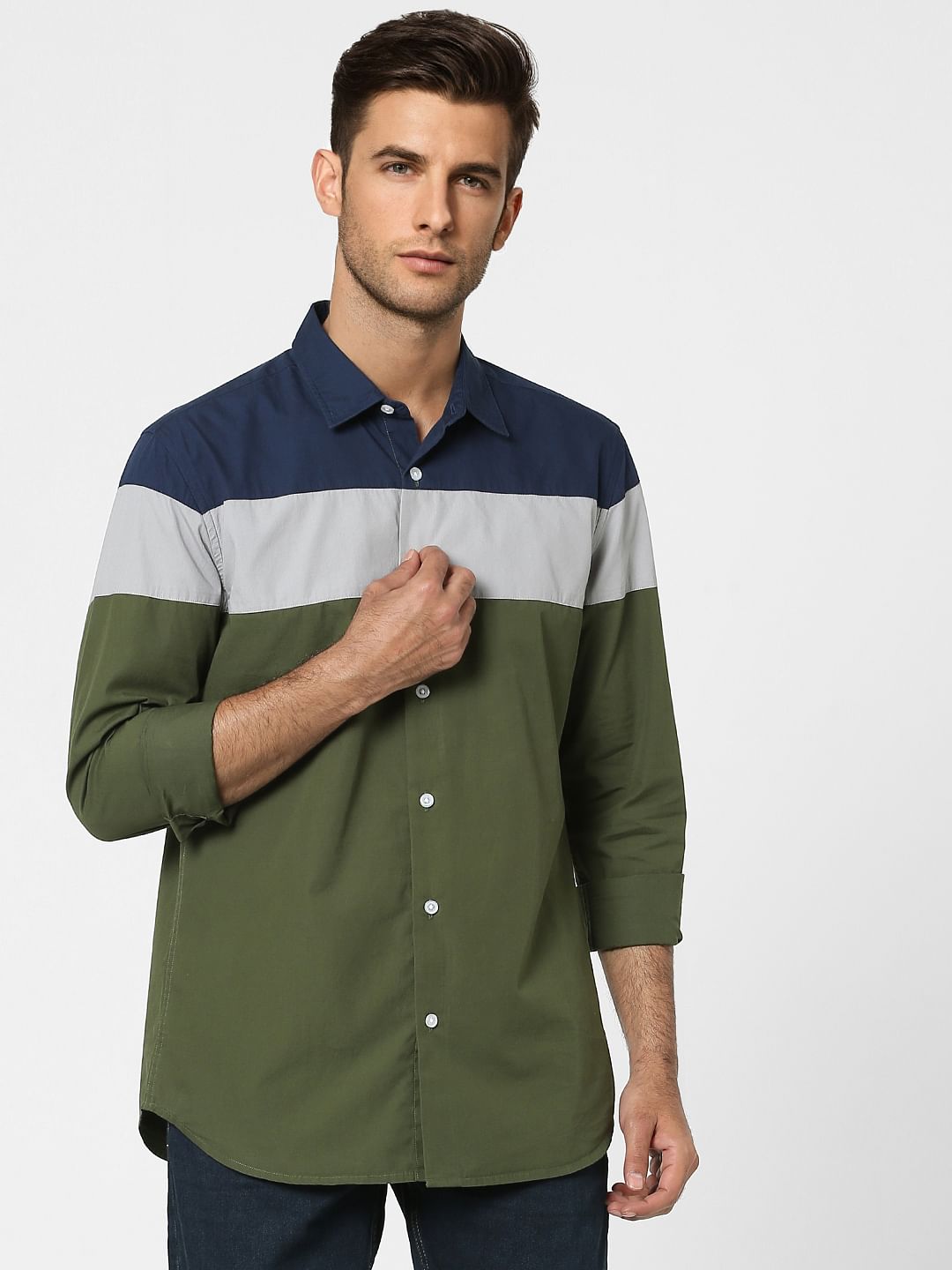 Green Colourblocked Full Sleeves Shirt