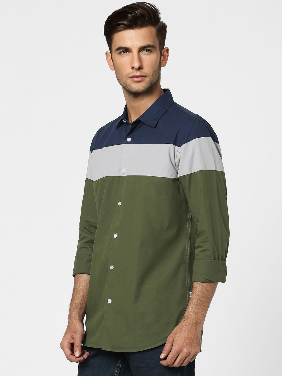 Green Colourblocked Full Sleeves Shirt