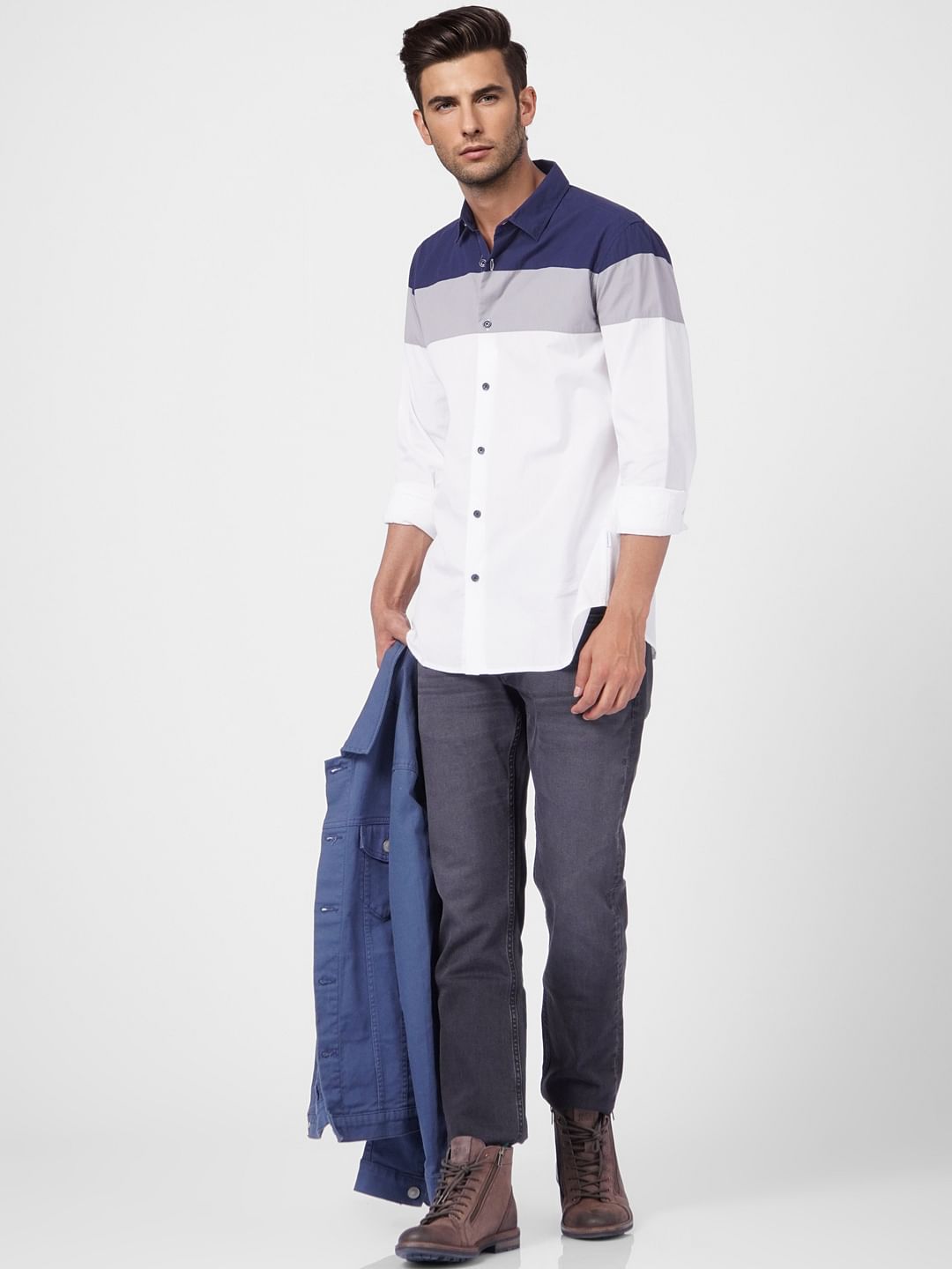 White Colourblocked Full Sleeves Shirt - S