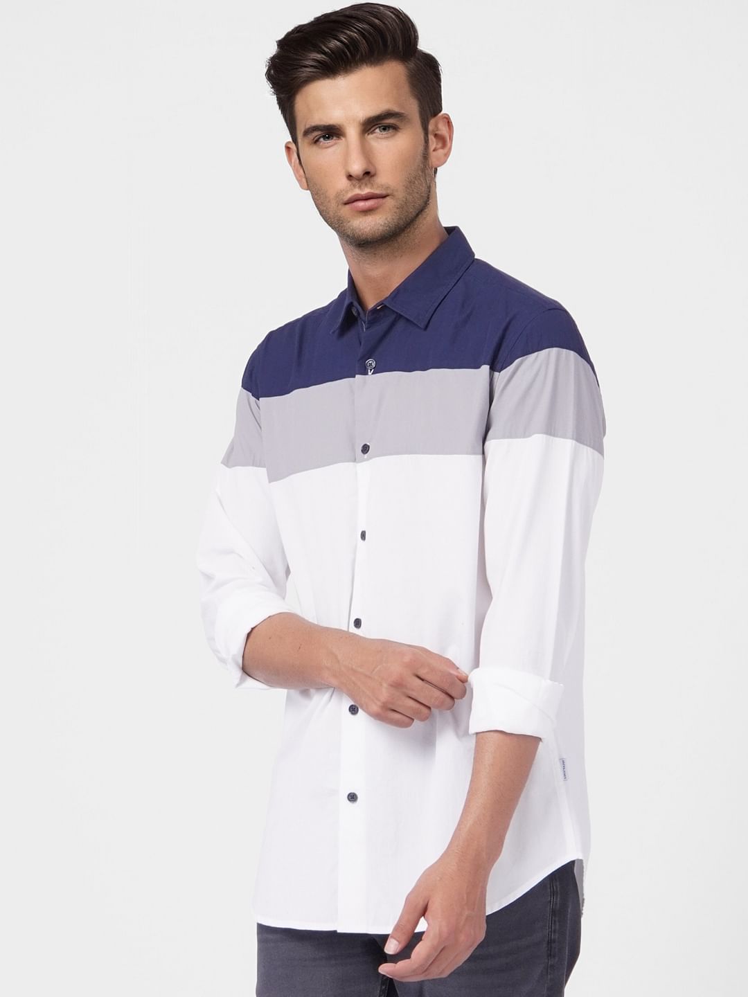 White Colourblocked Full Sleeves Shirt