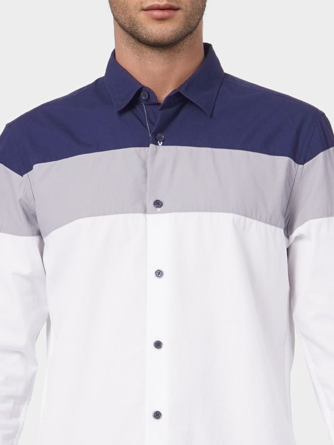 White Colourblocked Full Sleeves Shirt