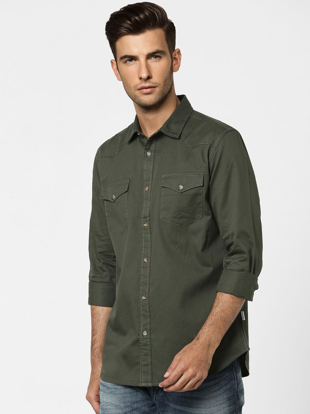 Green Solid Full Sleeves Shirt