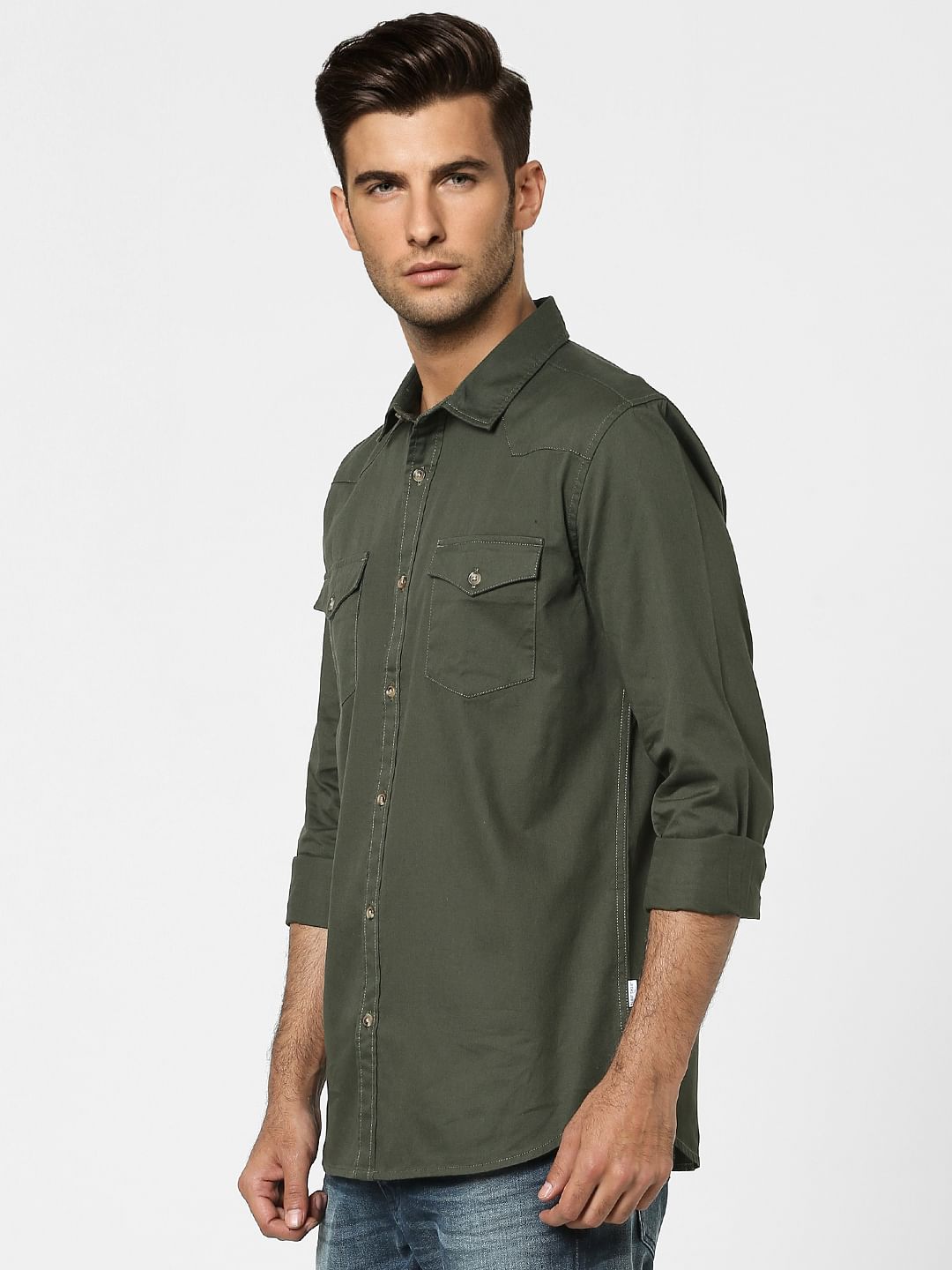 Green Solid Full Sleeves Shirt