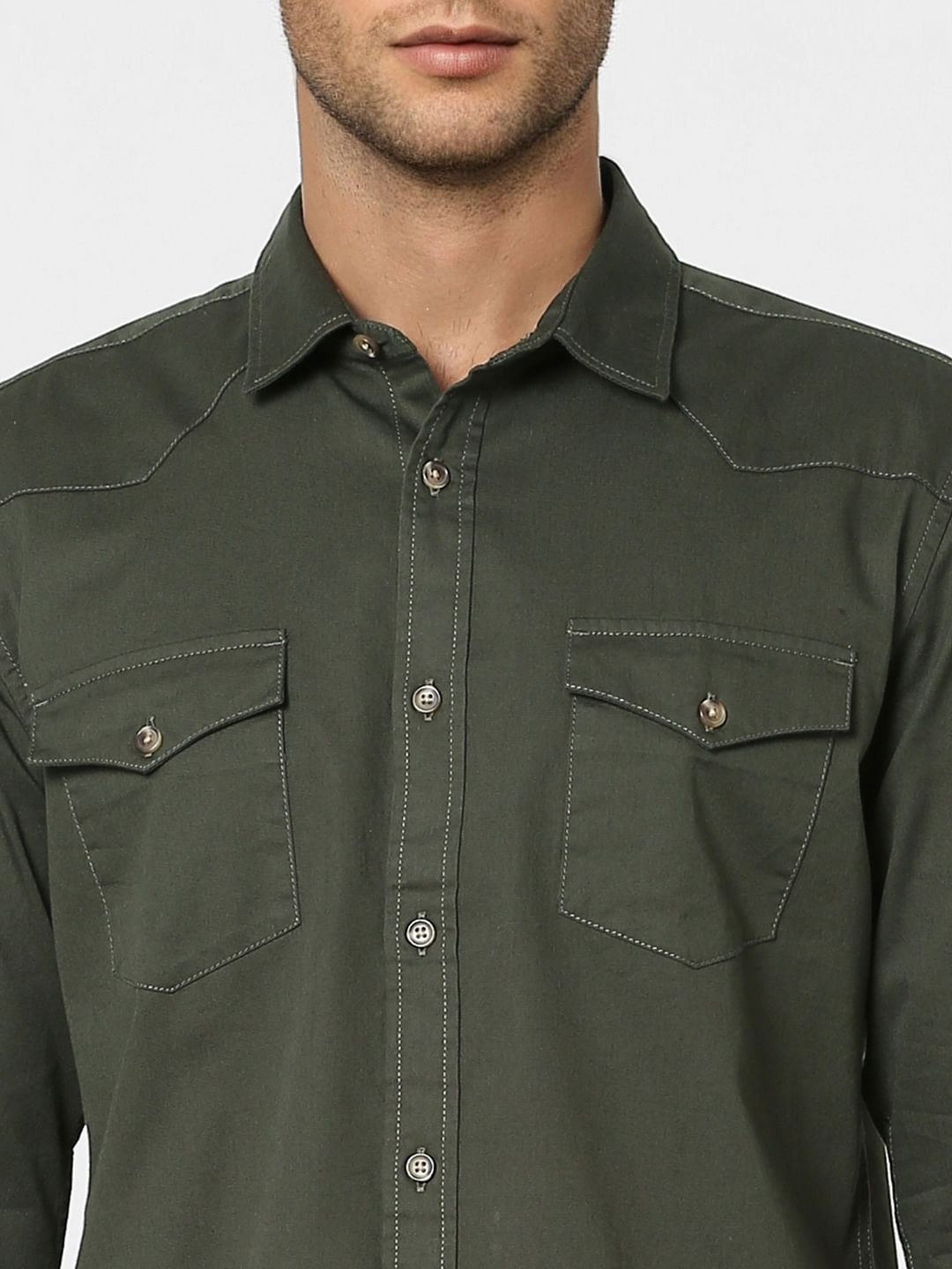 Green Solid Full Sleeves Shirt