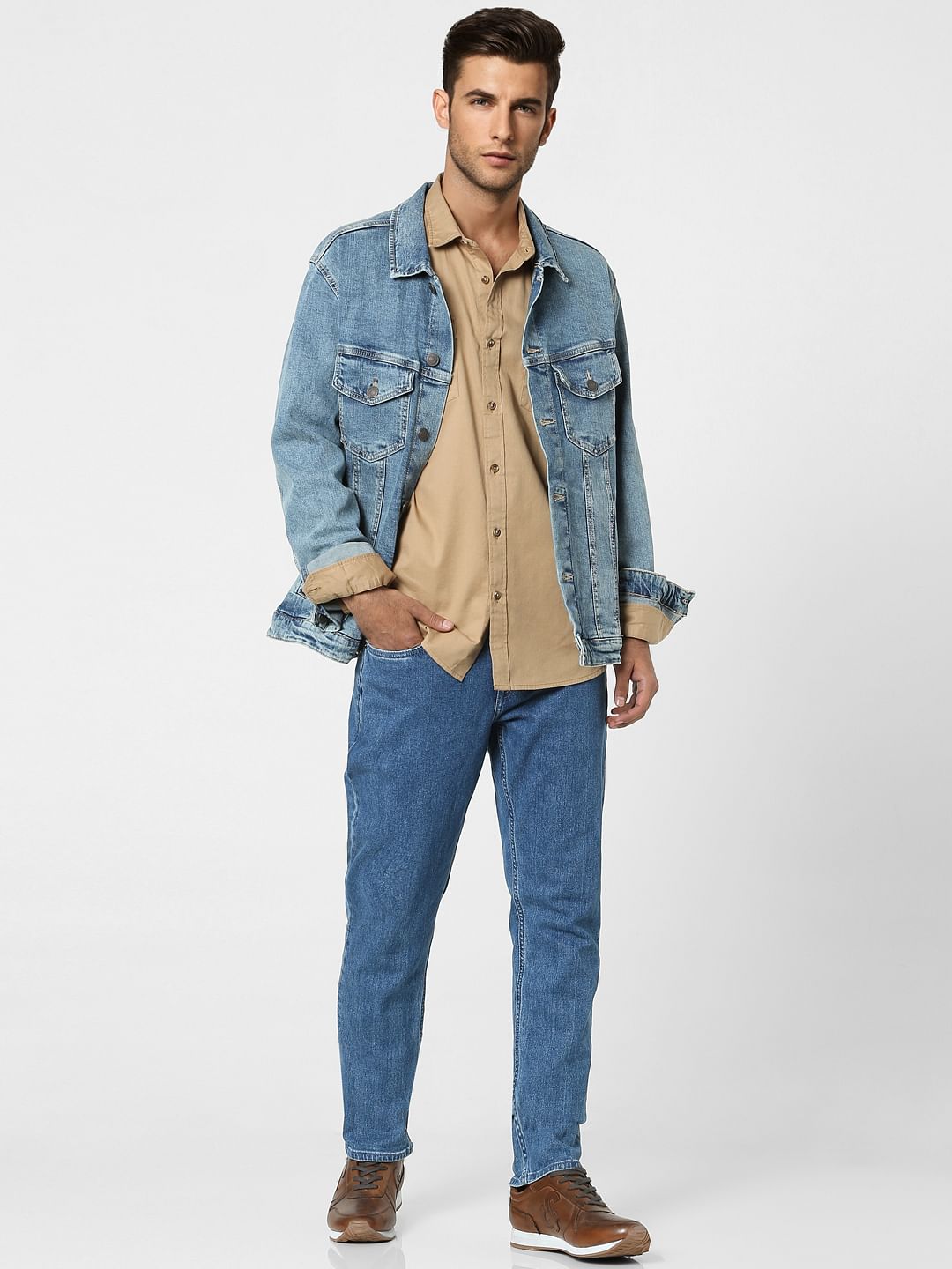 Beige Solid Full Sleeves Shirt - S