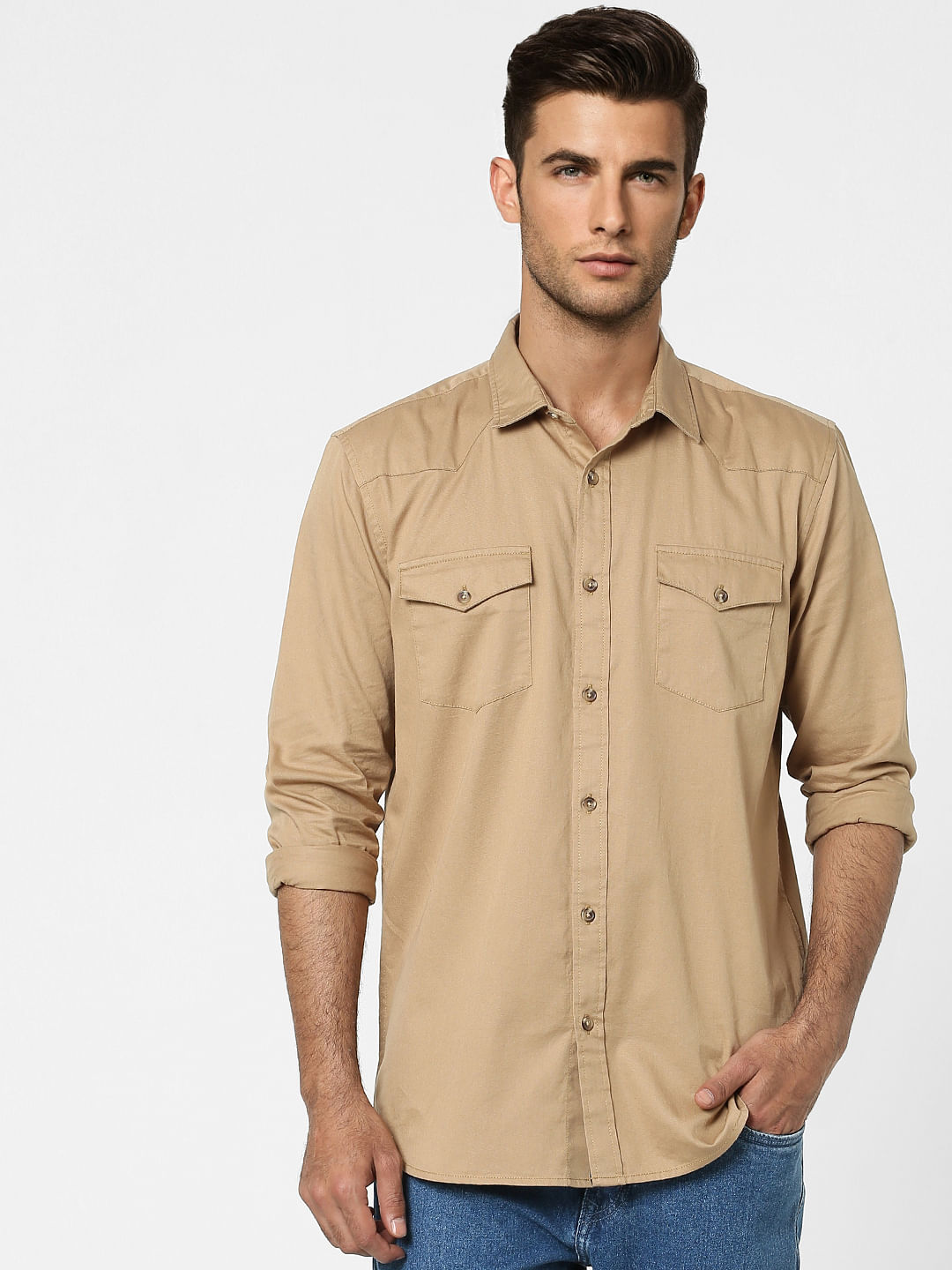 Beige Solid Full Sleeves Shirt
