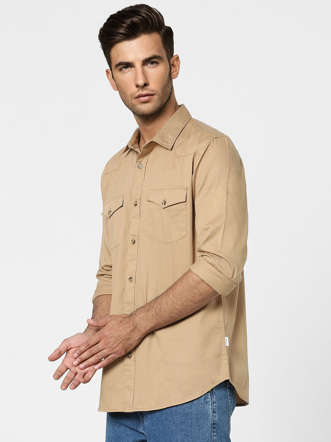 Beige Solid Full Sleeves Shirt