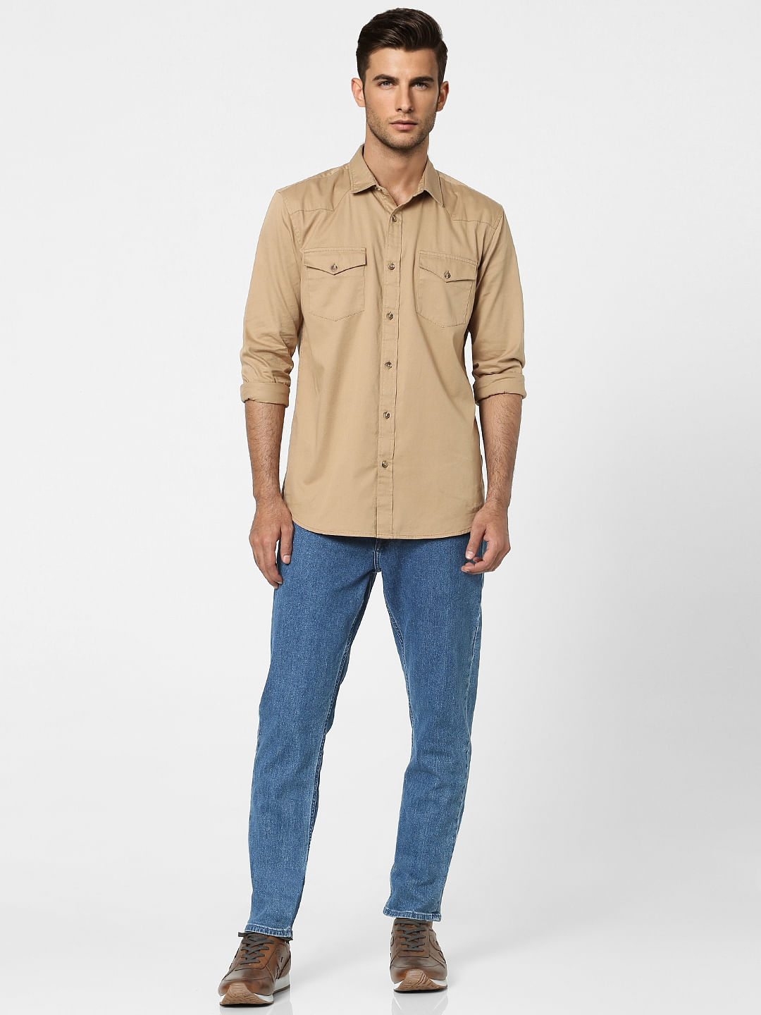 Beige Solid Full Sleeves Shirt