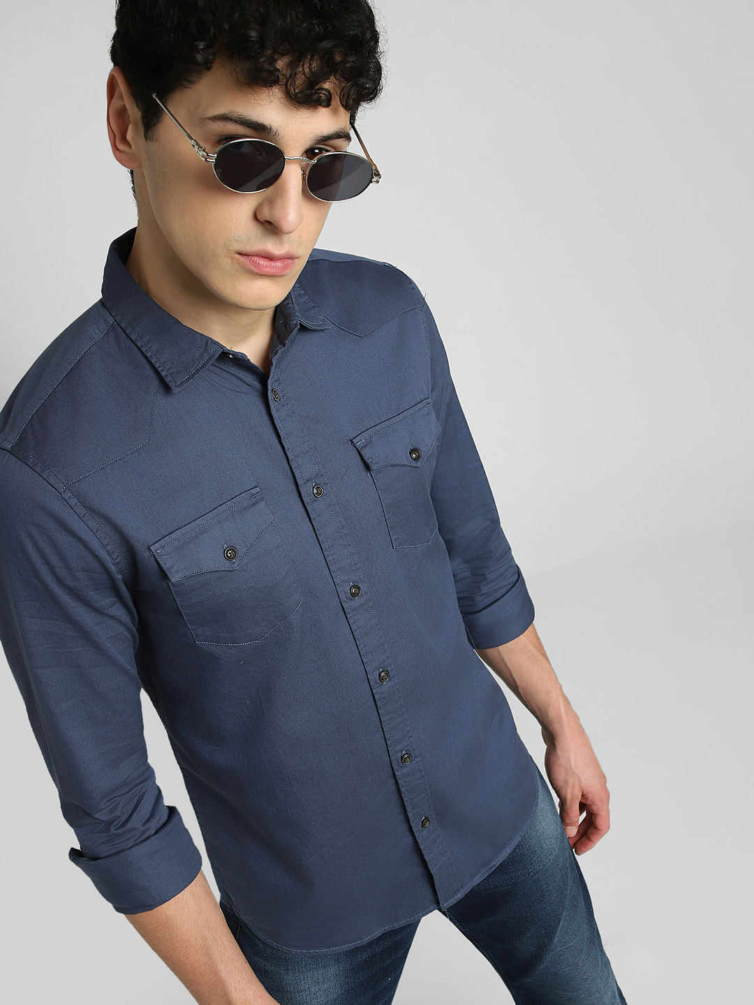 Blue Solid Full Sleeves Shirt - S