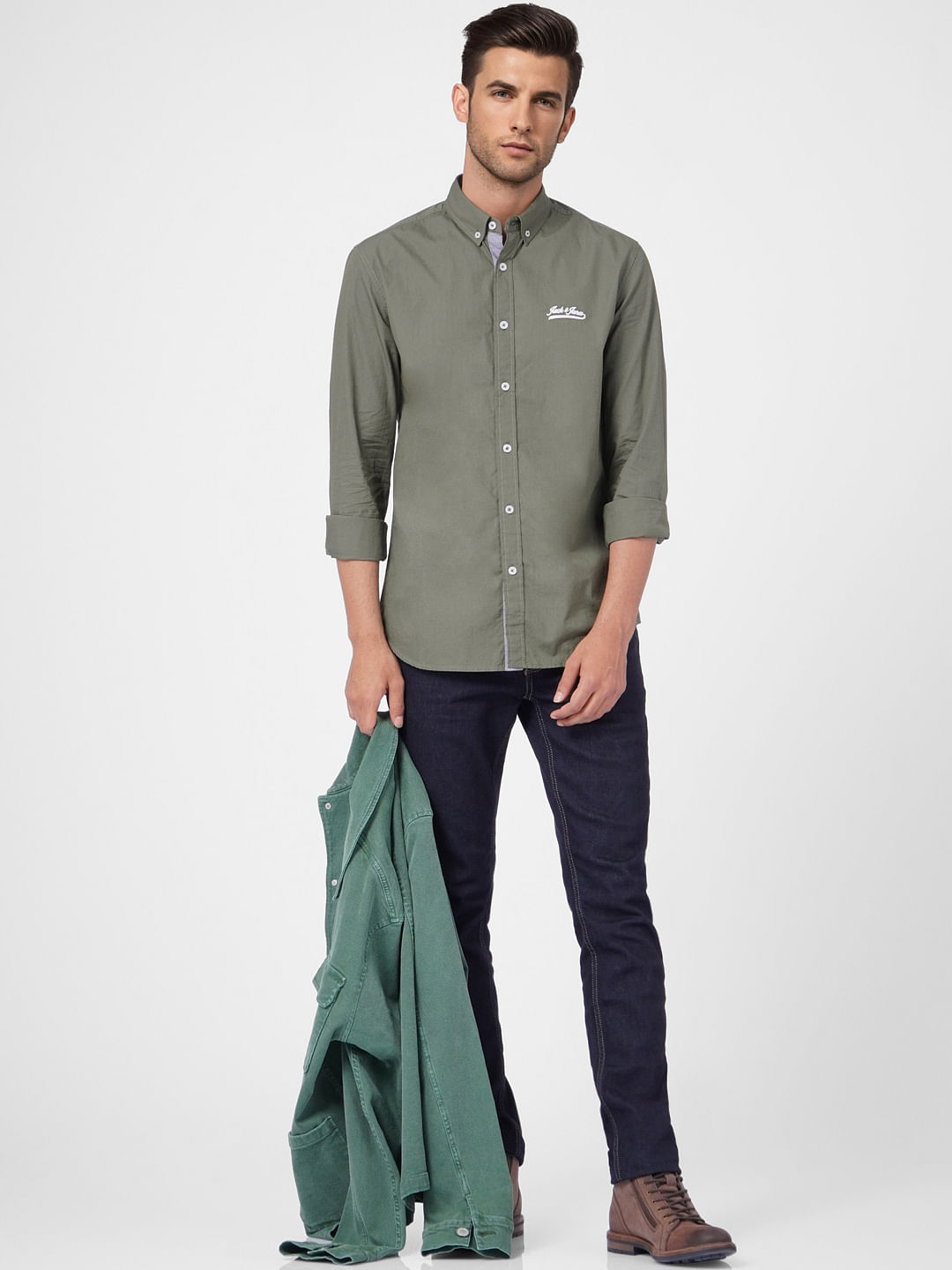 Green Solid Full Sleeves Shirt