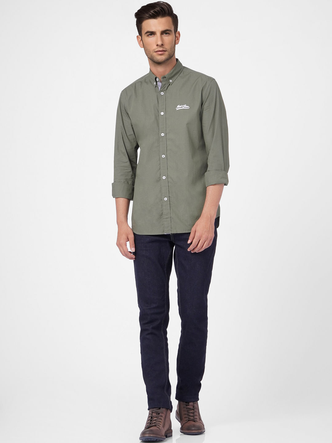 Green Solid Full Sleeves Shirt