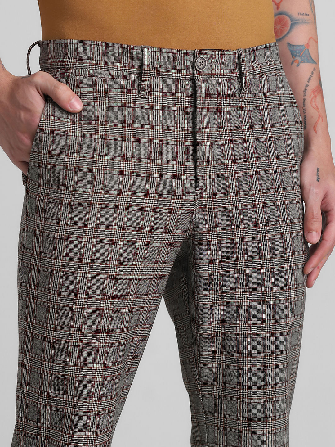 Brown Mid Rise Check Pants