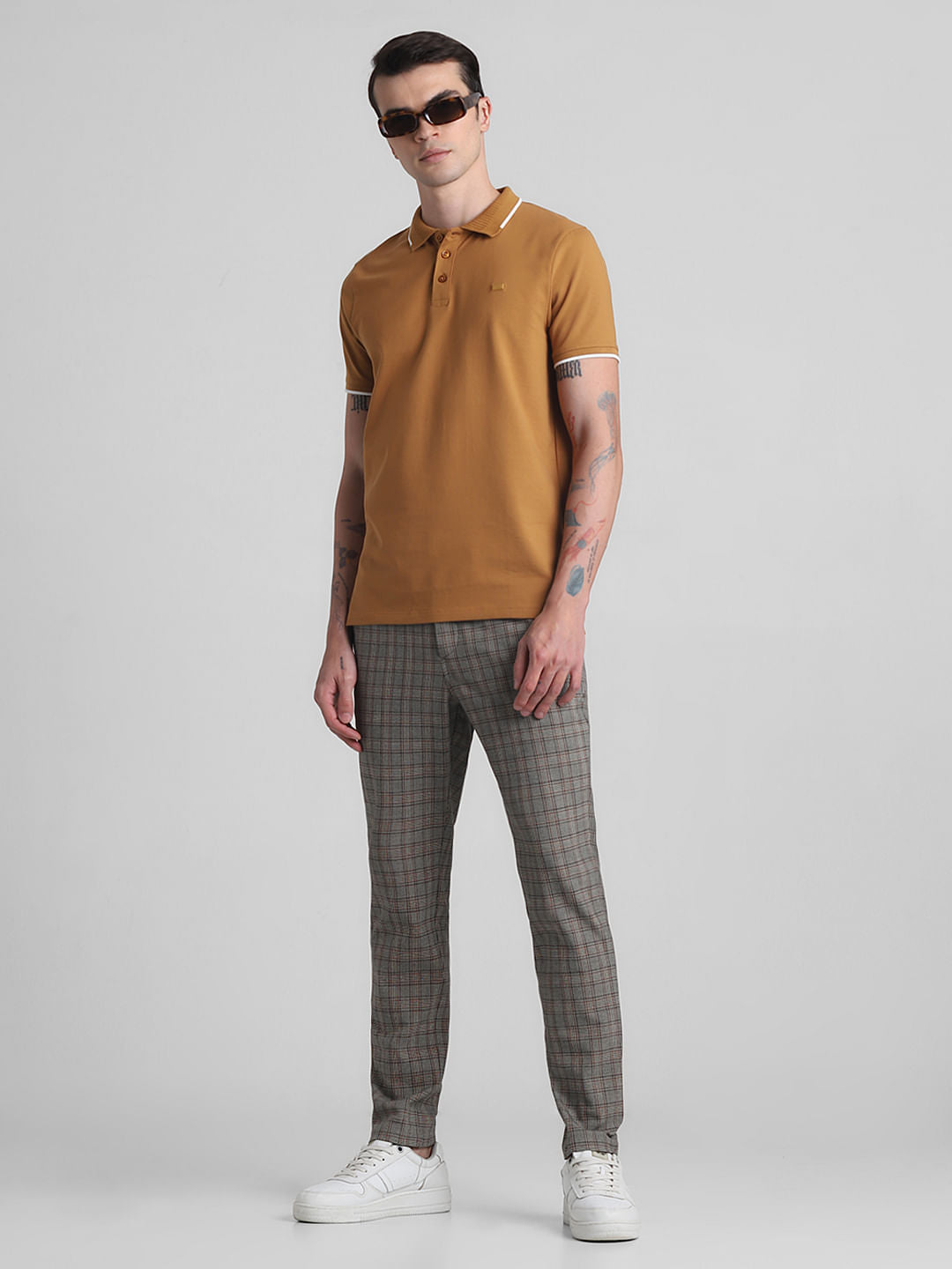 Brown Mid Rise Check Pants