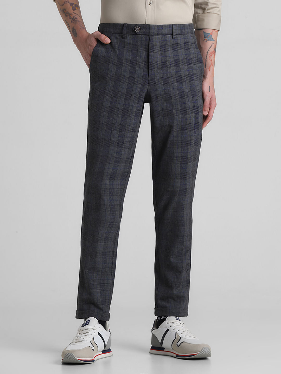 Dark Grey Mid Rise Check Print Pants - 28/30