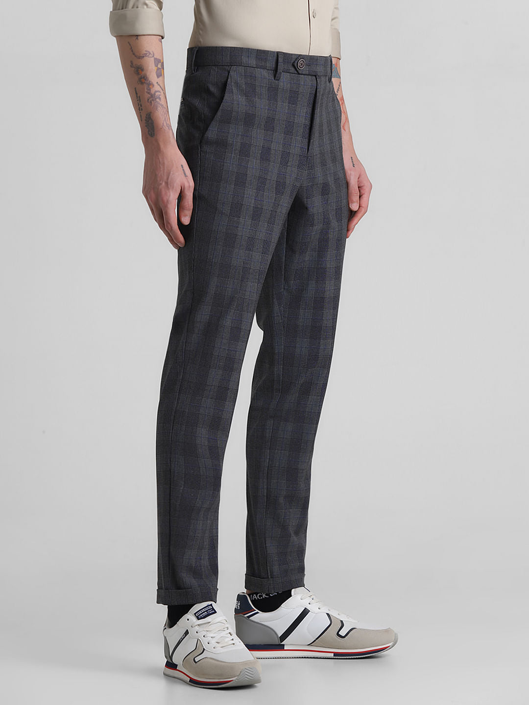 Dark Grey Mid Rise Check Print Pants