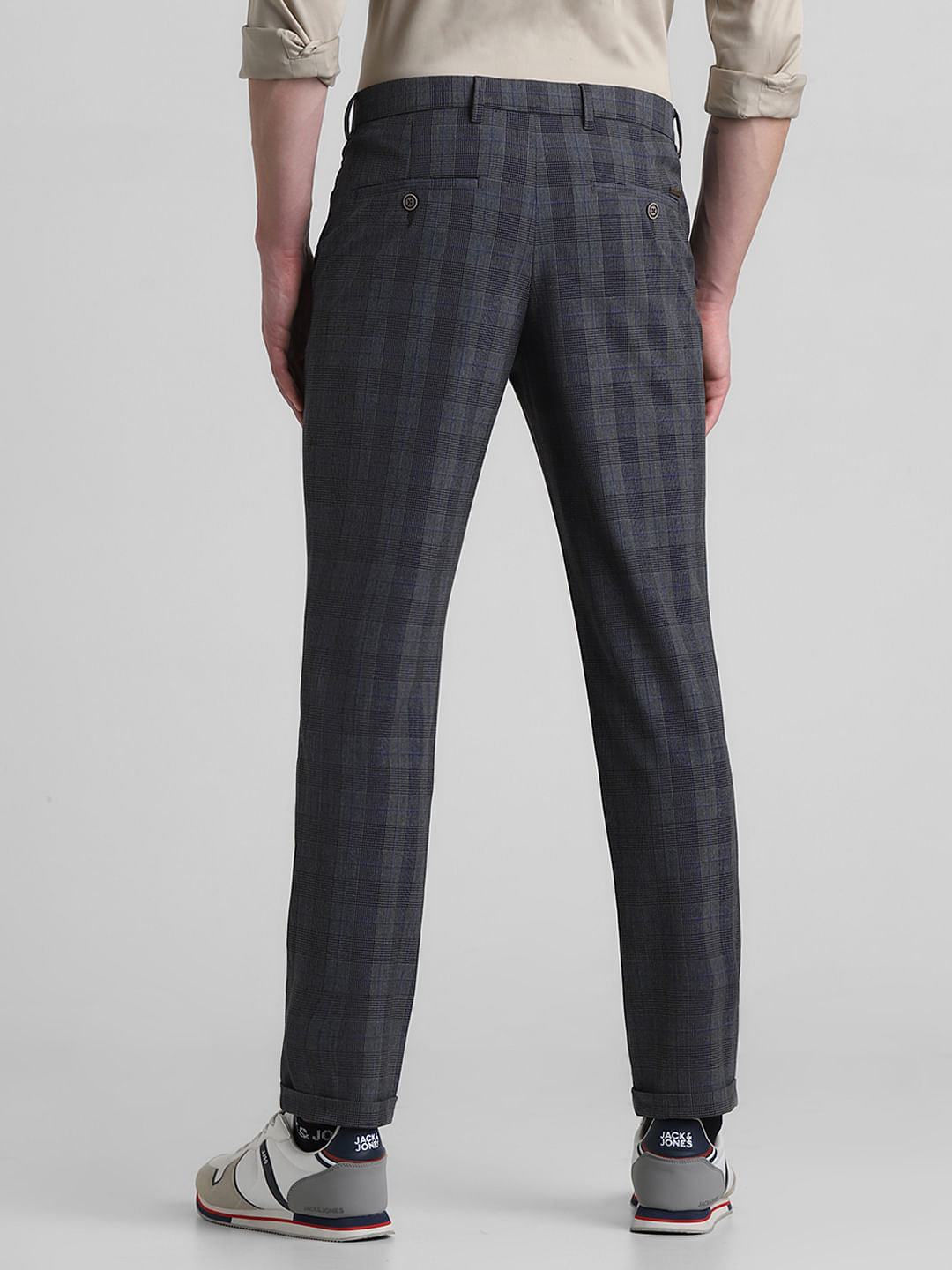 Dark Grey Mid Rise Check Print Pants