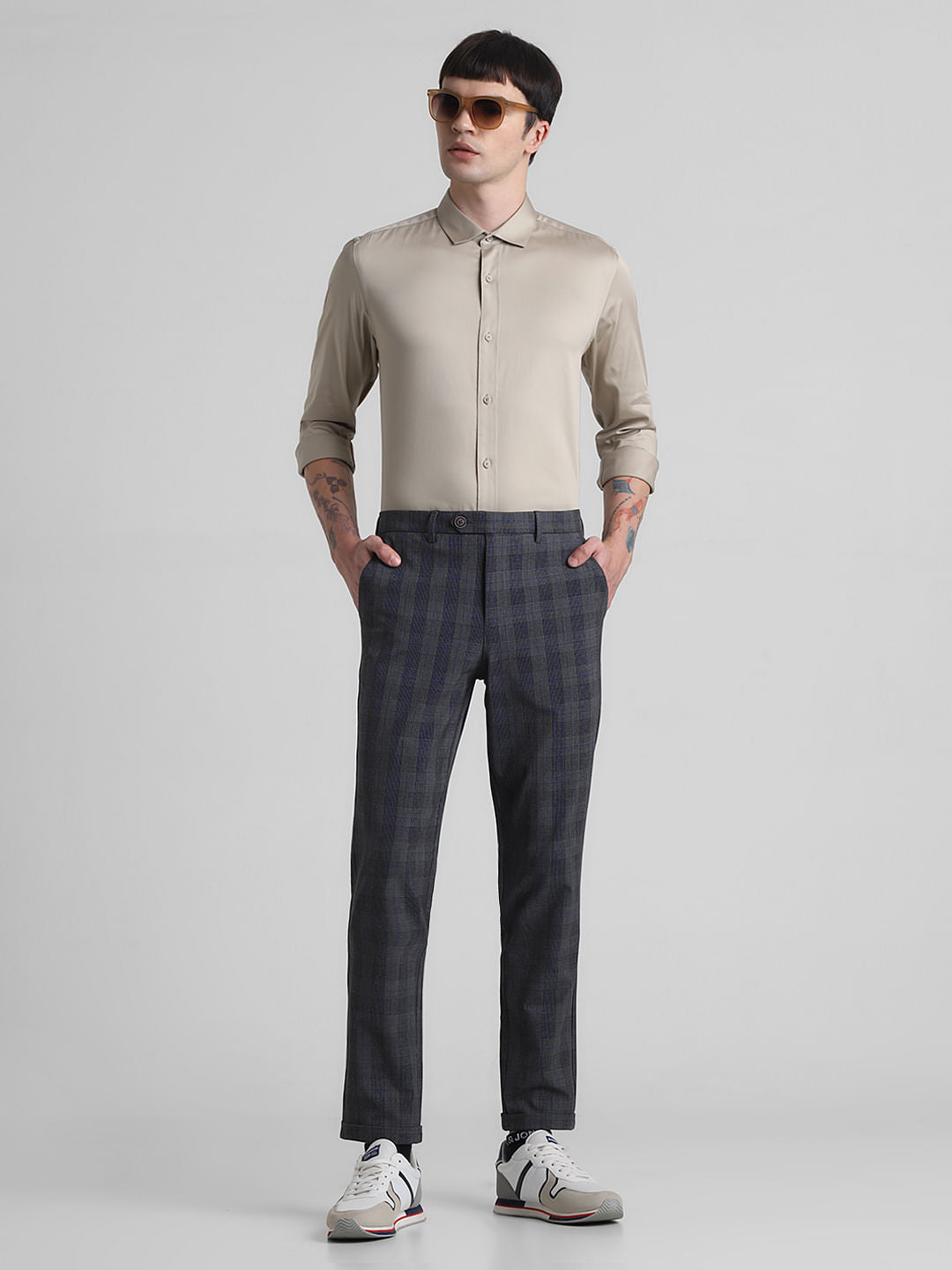 Dark Grey Mid Rise Check Print Pants