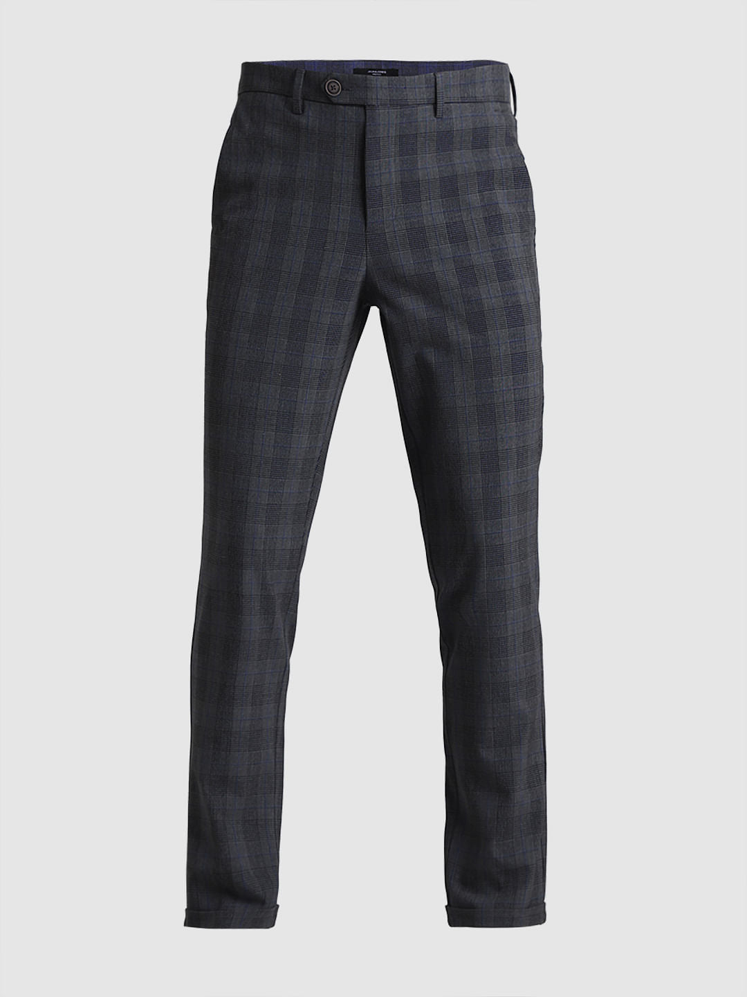 Dark Grey Mid Rise Check Print Pants