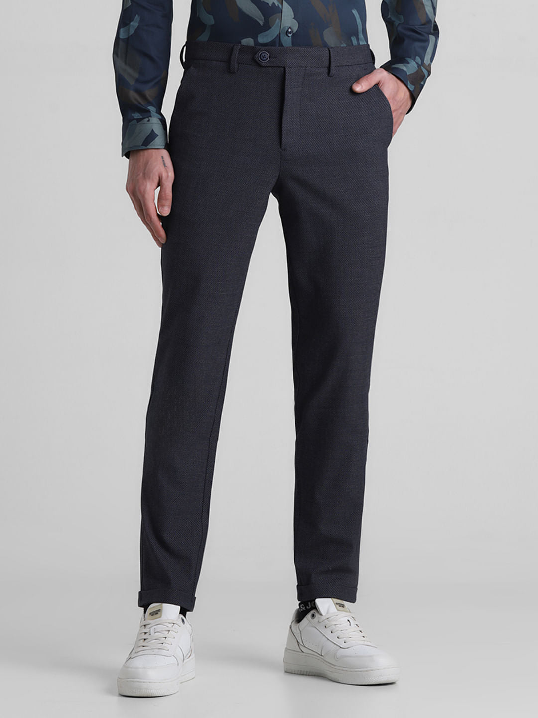 Navy Blue Mid Rise Check Print Pants - 28/30