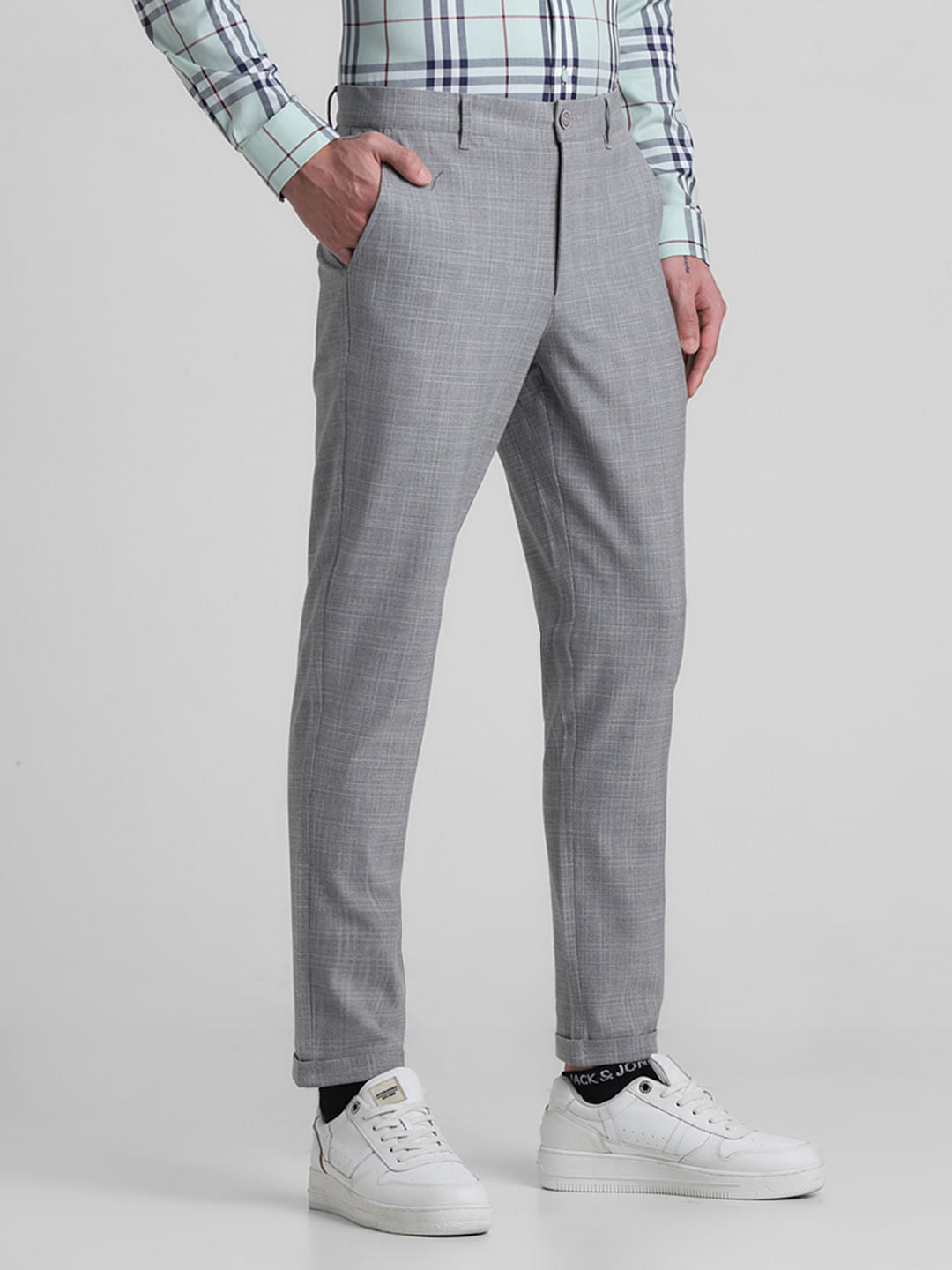 Grey Mid Rise Check Print Pants