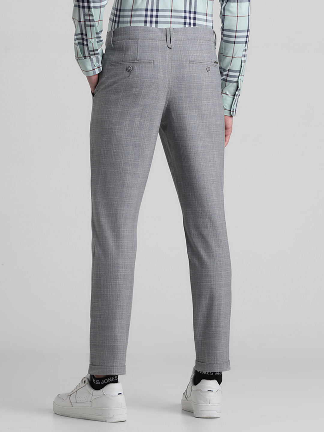 Grey Mid Rise Check Print Pants