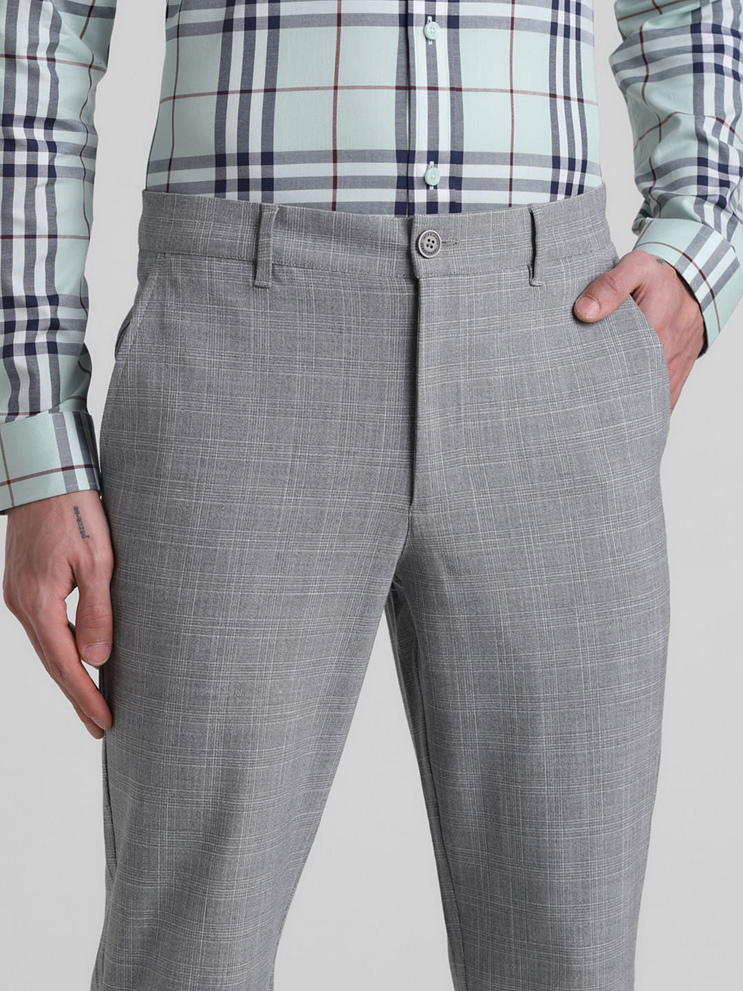 Grey Mid Rise Check Print Pants