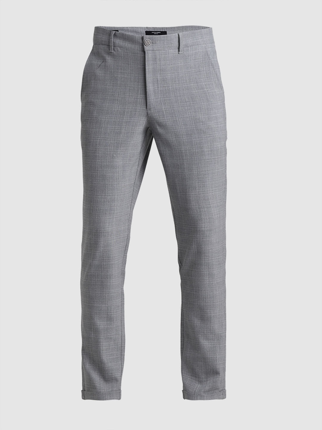 Grey Mid Rise Check Print Pants