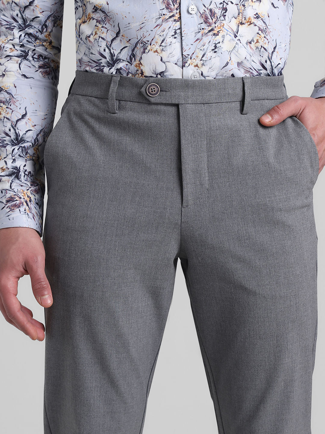 Grey Mid Rise Slim Fit Pants