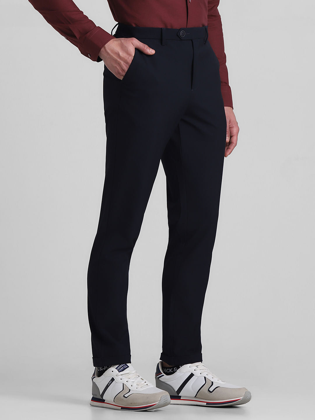 Navy Blue Mid Rise Slim Fit Pants