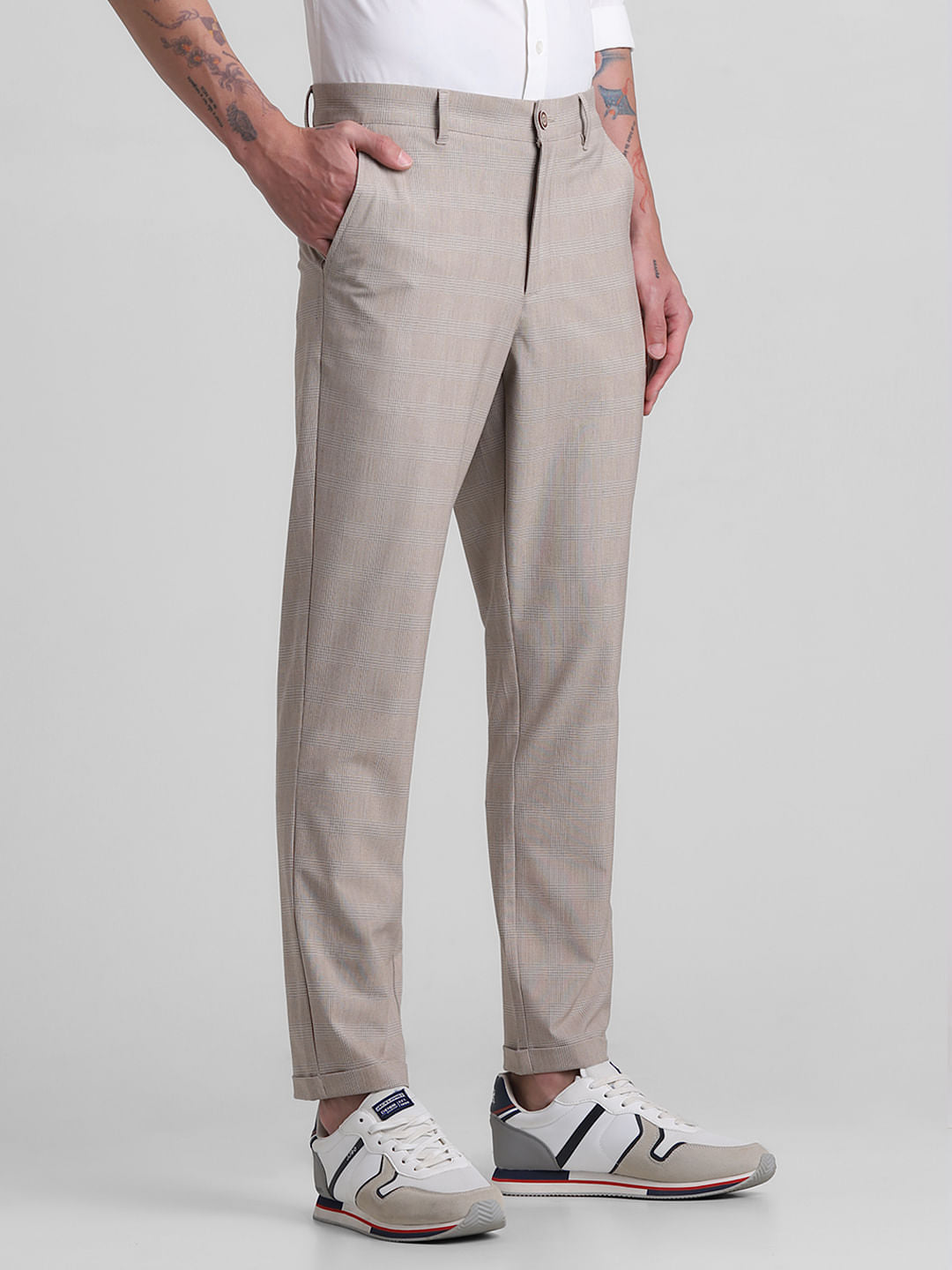 Brown Mid Rise Check Print Pants