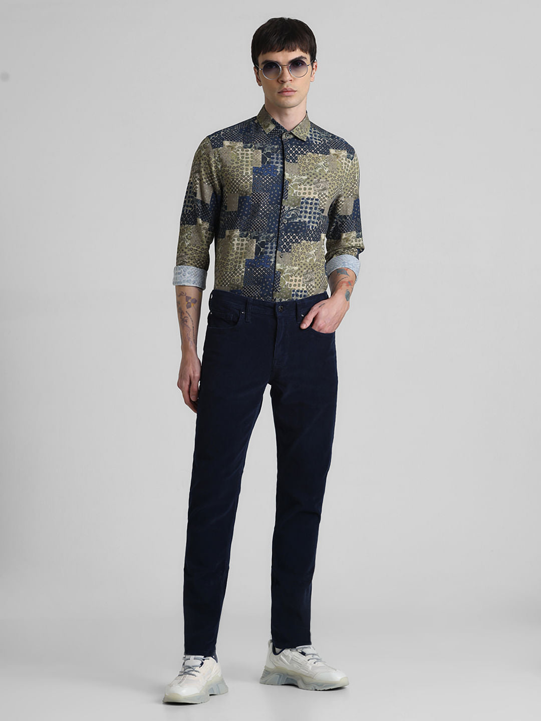 Navy Blue Mid Rise Corduroy Pants