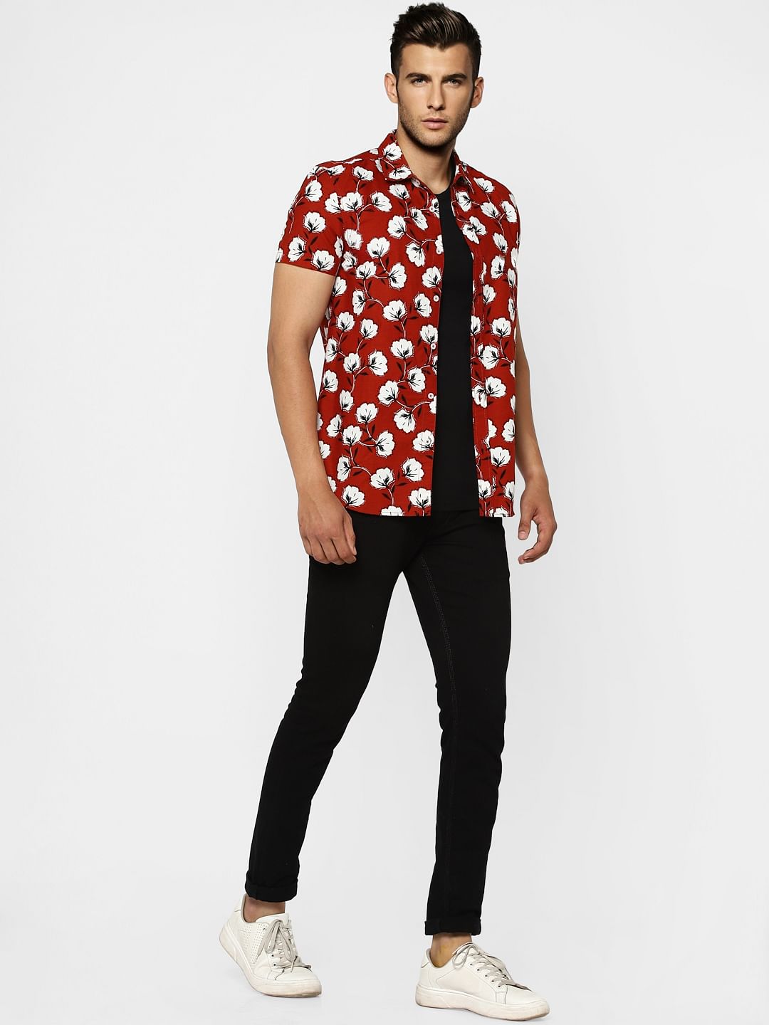 Red Floral Half Sleeves Shirt - S