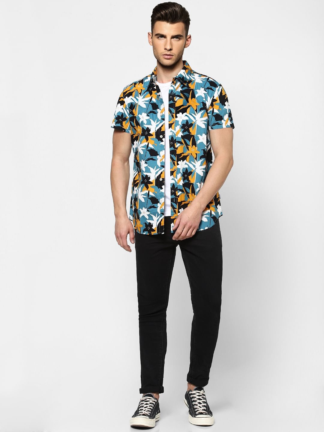 Blue Floral Half Sleeves Shirt - S