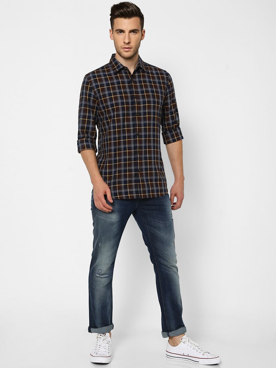 Maroon & Blue Check Full Sleeves Shirt - S